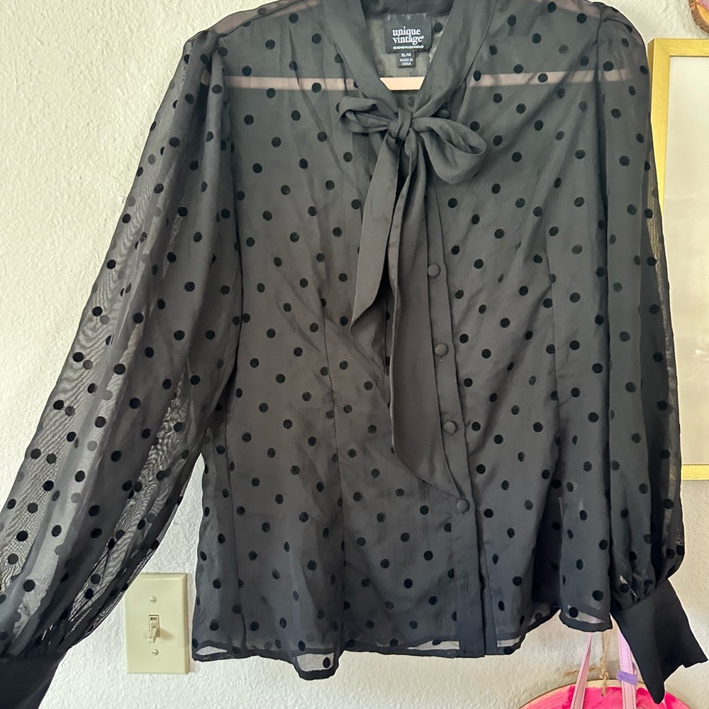 Unique Vintage Black Sheer Polka Dot Gwen Blouse